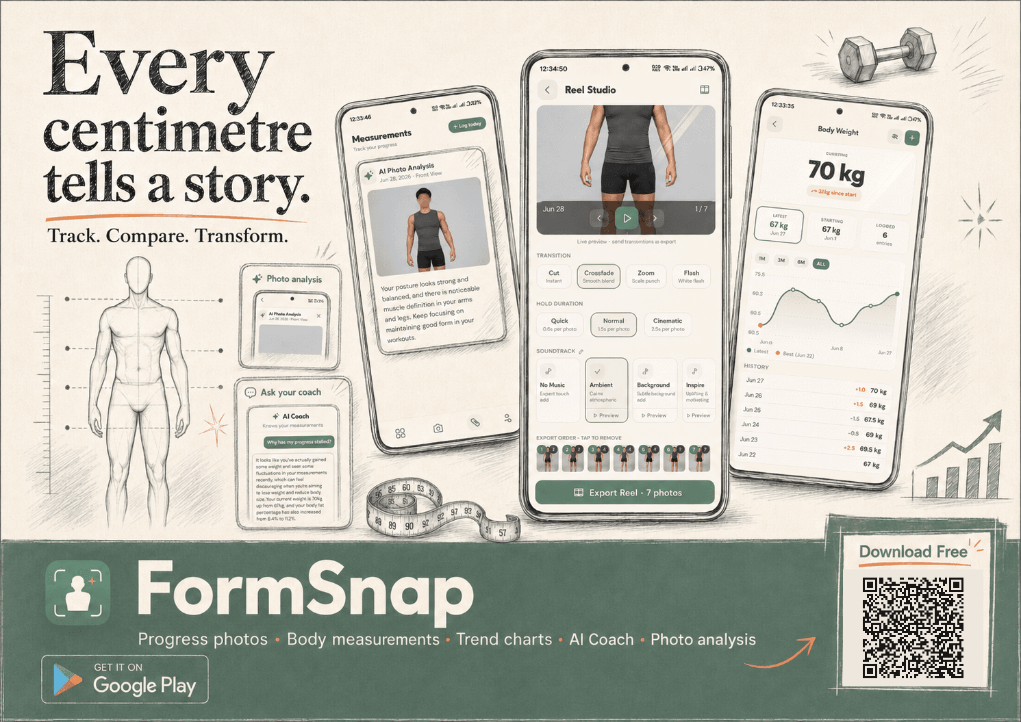 FormSnap – body measurements, AI coach, progress photos and reels